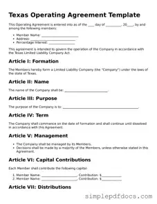 Legal Operating Agreement Document for the State of Texas