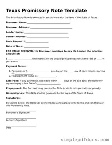 Legal Promissory Note Document for the State of Texas