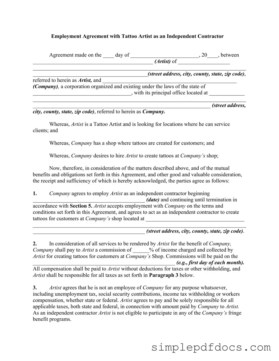 Fill Your Tattoo Shop Artist Agreement Form