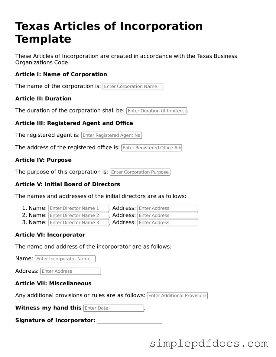 Legal Articles of Incorporation Document for the State of Texas
