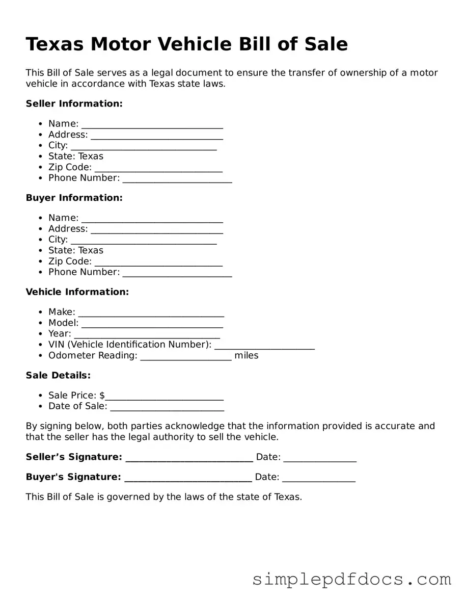 Legal Motor Vehicle Bill of Sale Document for the State of Texas