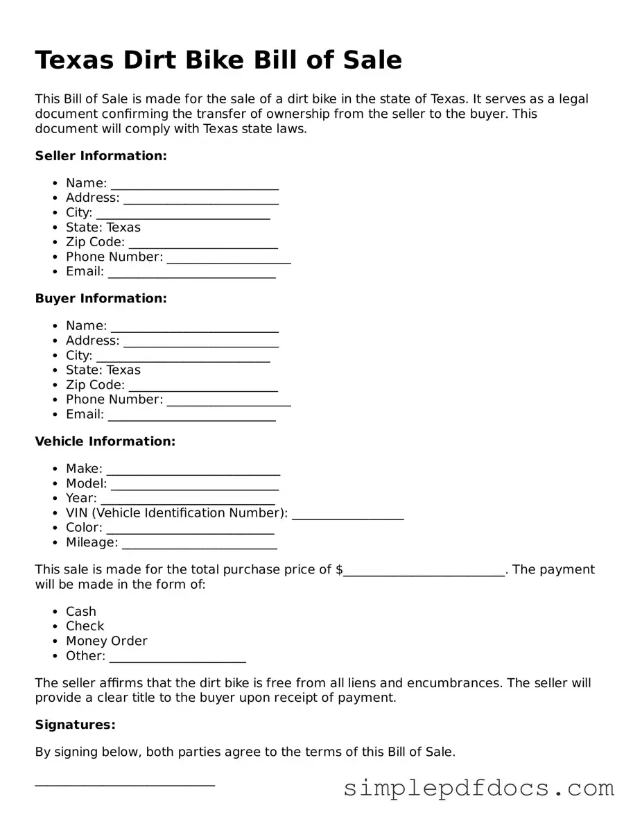 Legal Dirt Bike Bill of Sale Document for the State of Texas