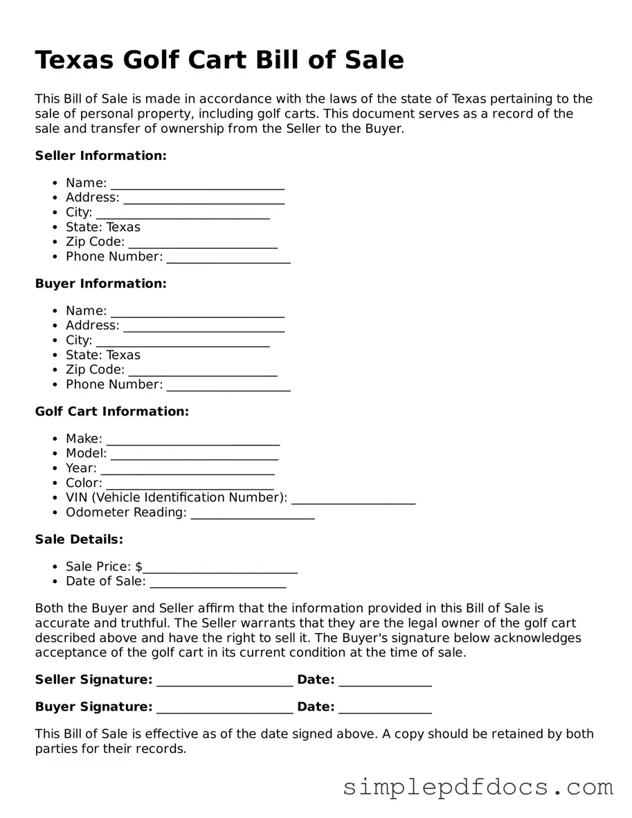 Legal Golf Cart Bill of Sale Document for the State of Texas