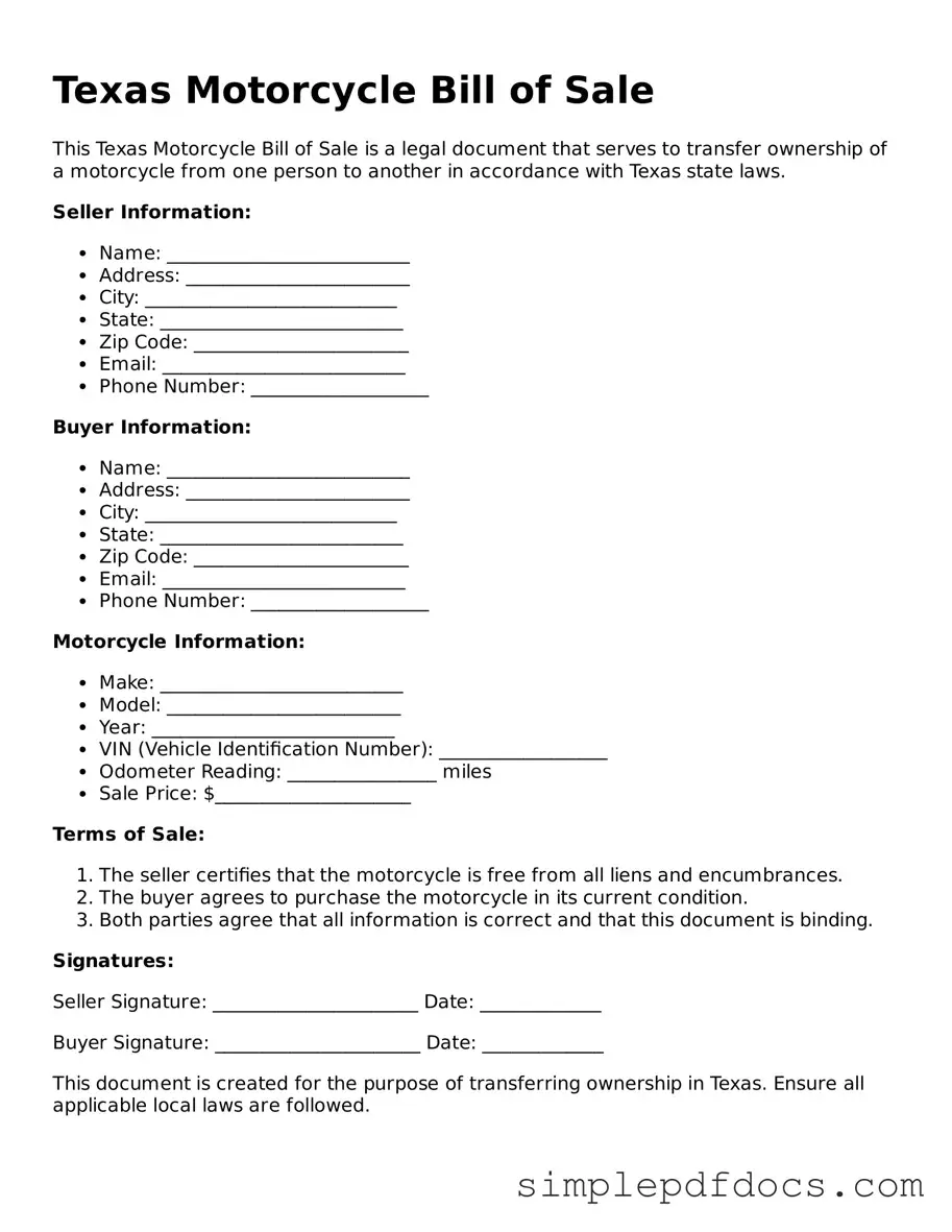 Legal Motorcycle Bill of Sale Document for the State of Texas