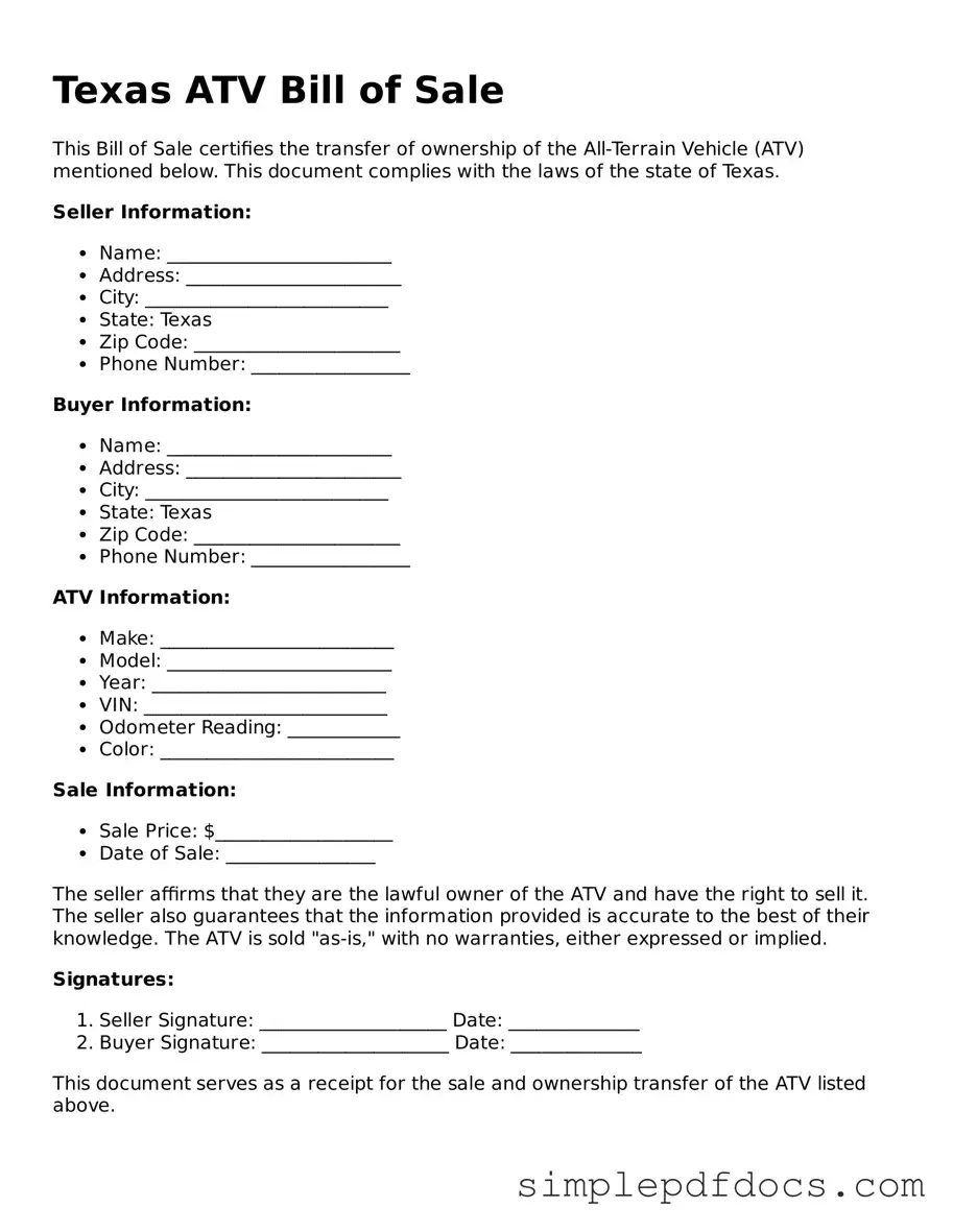 Legal ATV Bill of Sale Document for the State of Texas