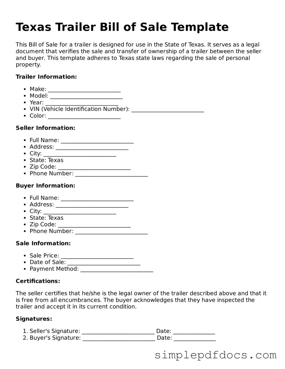 Legal Trailer Bill of Sale Document for the State of Texas