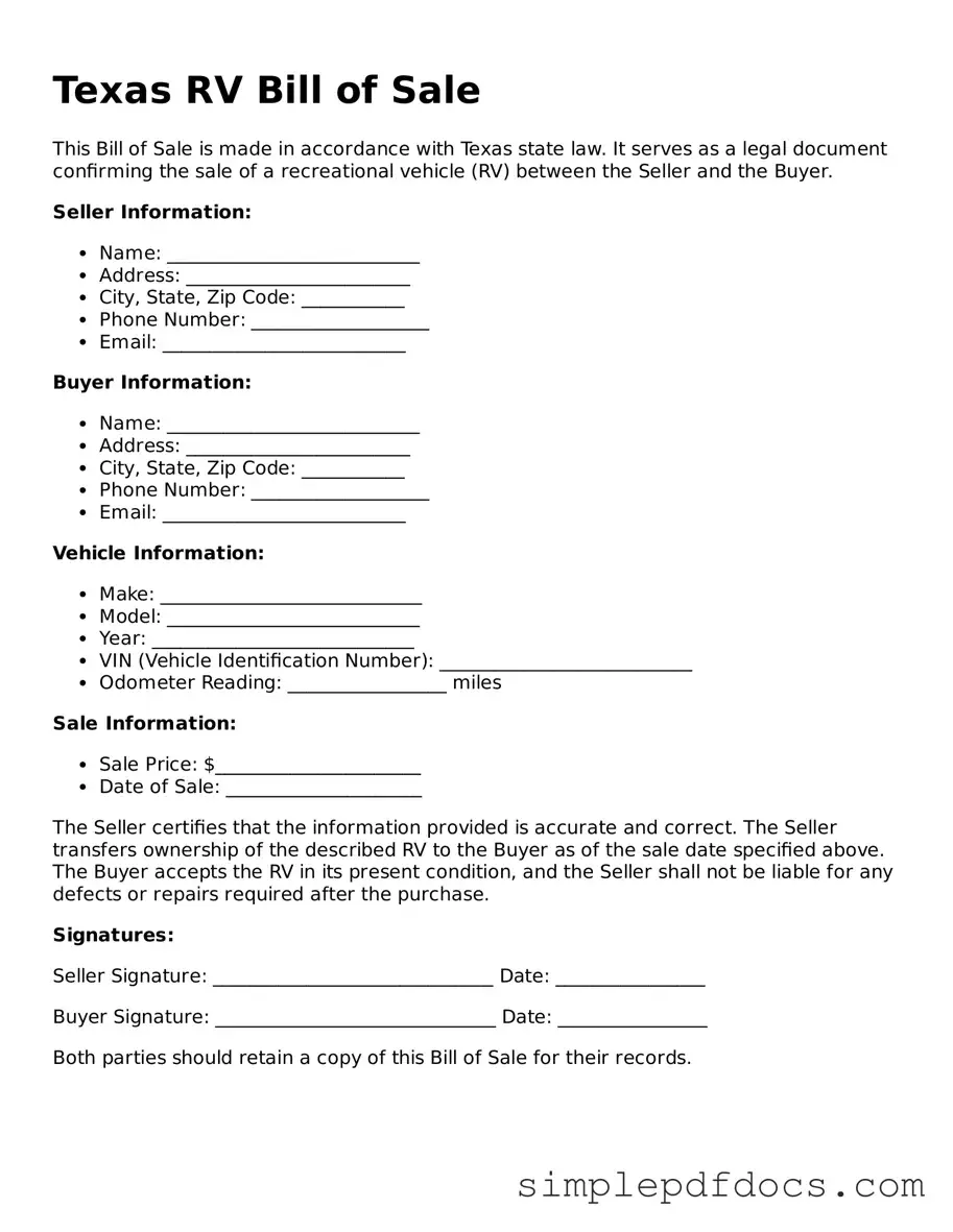 Legal RV Bill of Sale Document for the State of Texas