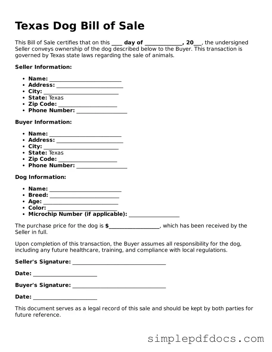 Legal Dog Bill of Sale Document for the State of Texas