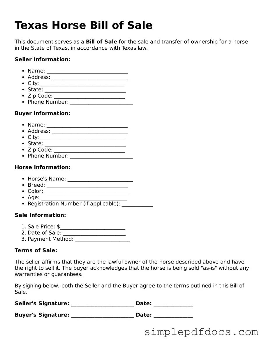 Legal Horse Bill of Sale Document for the State of Texas