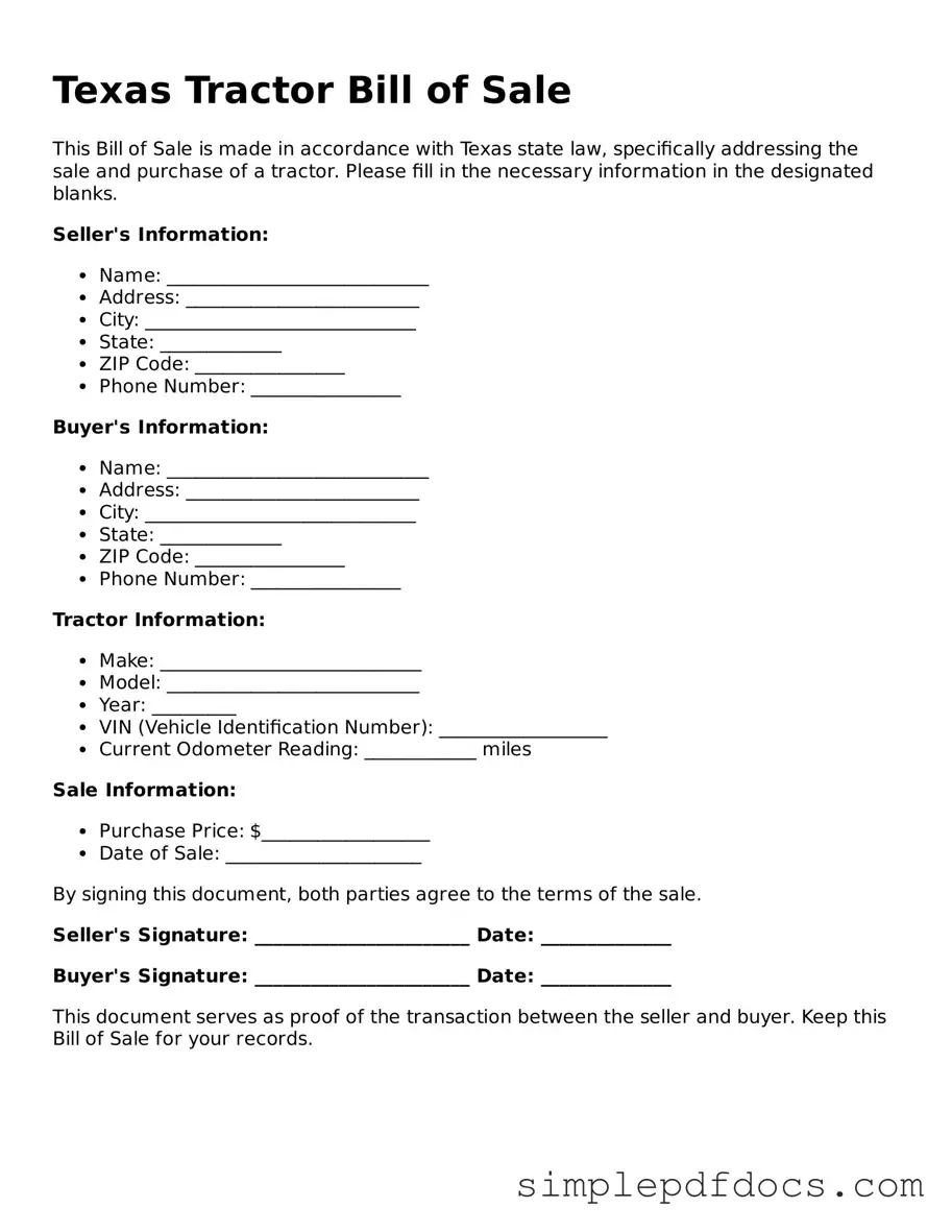 Legal Tractor Bill of Sale Document for the State of Texas