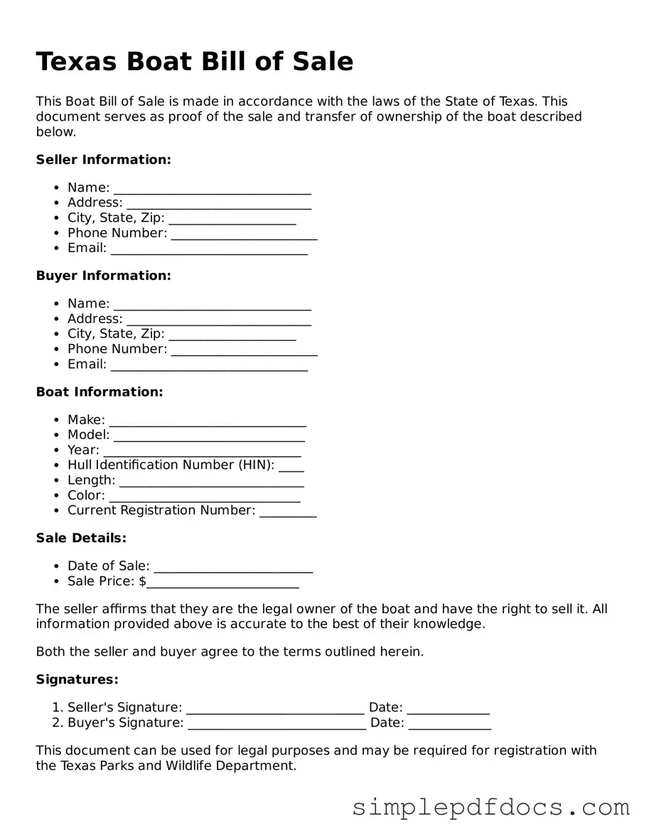 Legal Boat Bill of Sale Document for the State of Texas