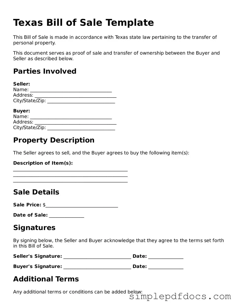 Legal Bill of Sale Document for the State of Texas
