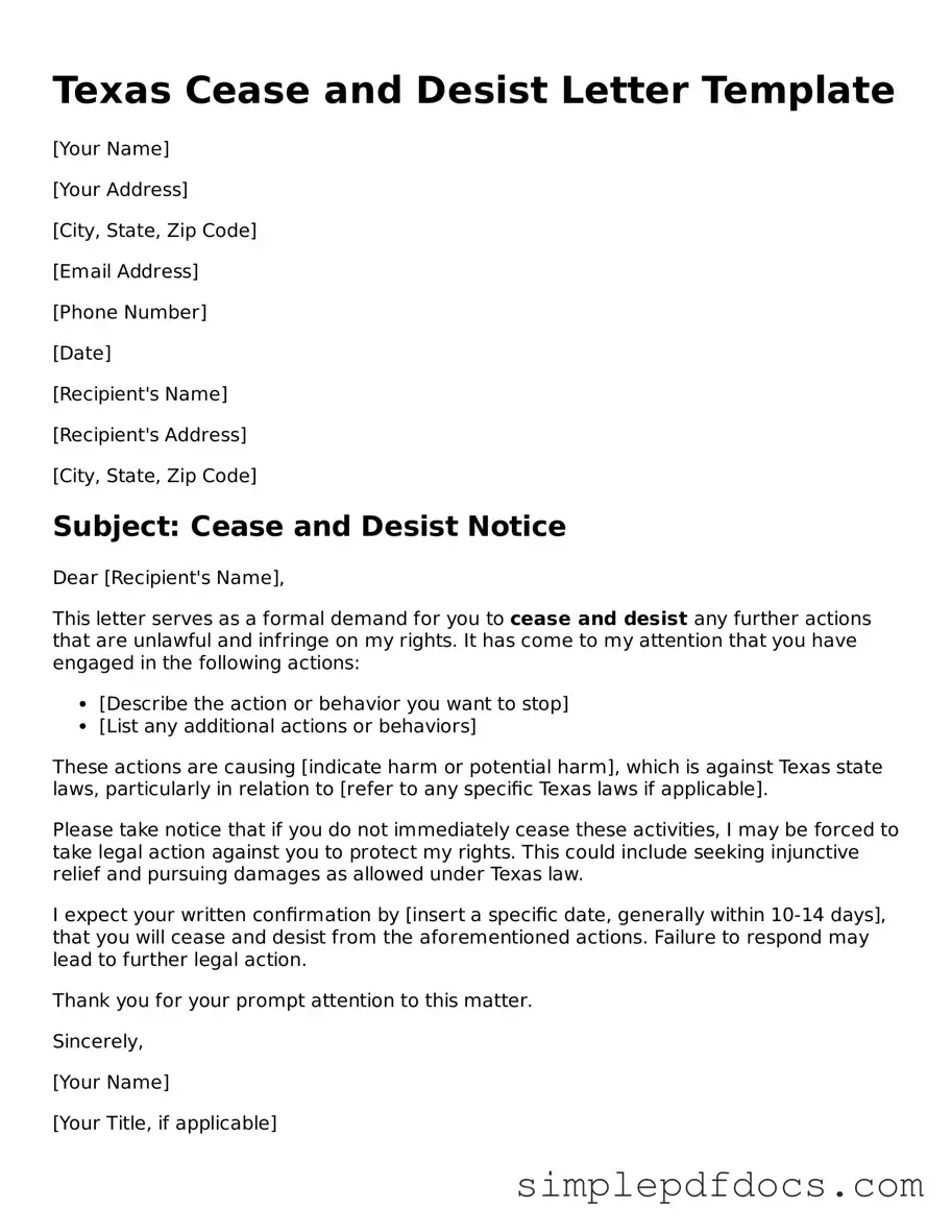 Legal Cease and Desist Letter Document for the State of Texas