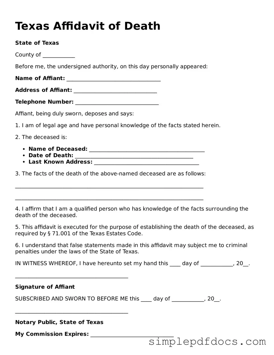 Legal Affidavit of Death Document for the State of Texas