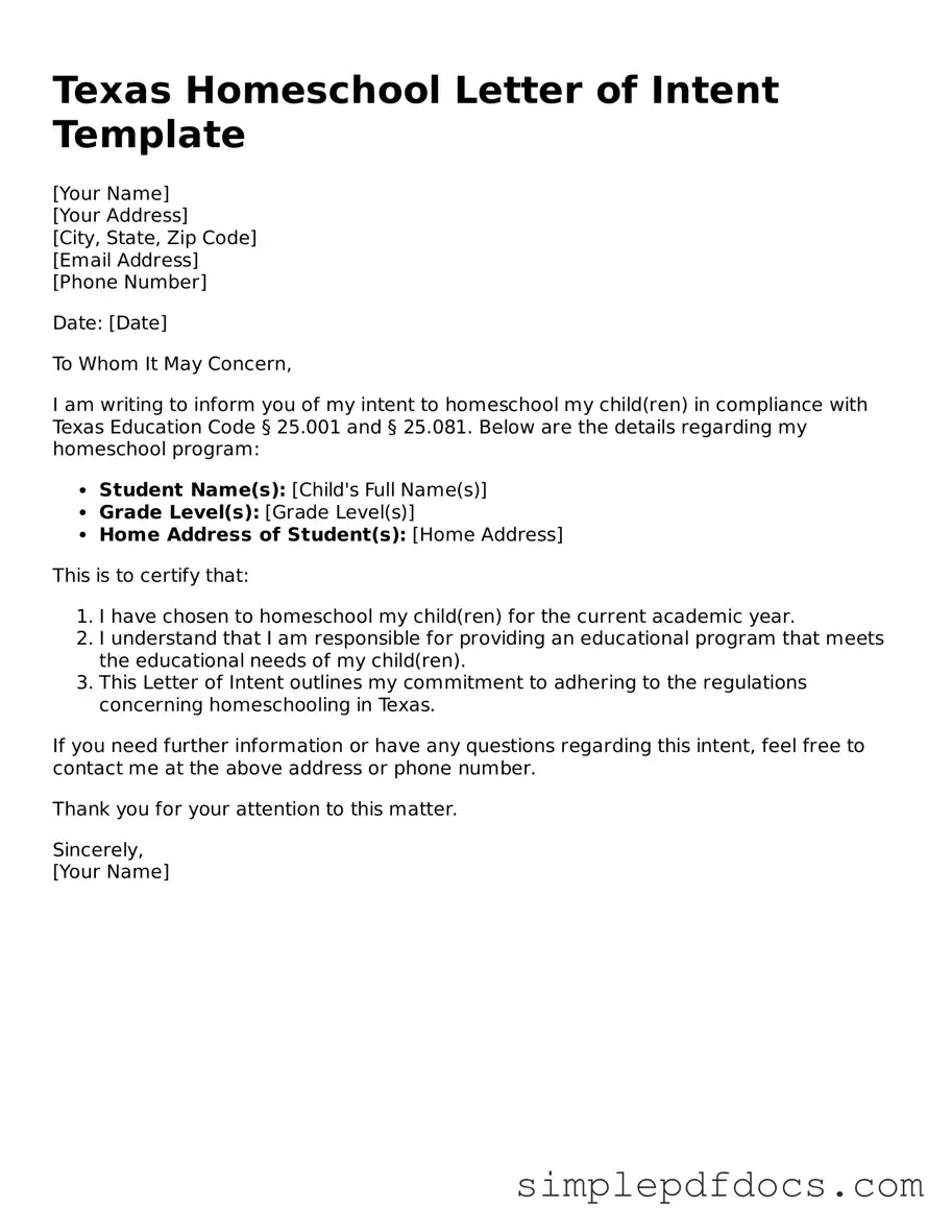 Legal Homeschool Letter of Intent Document for the State of Texas
