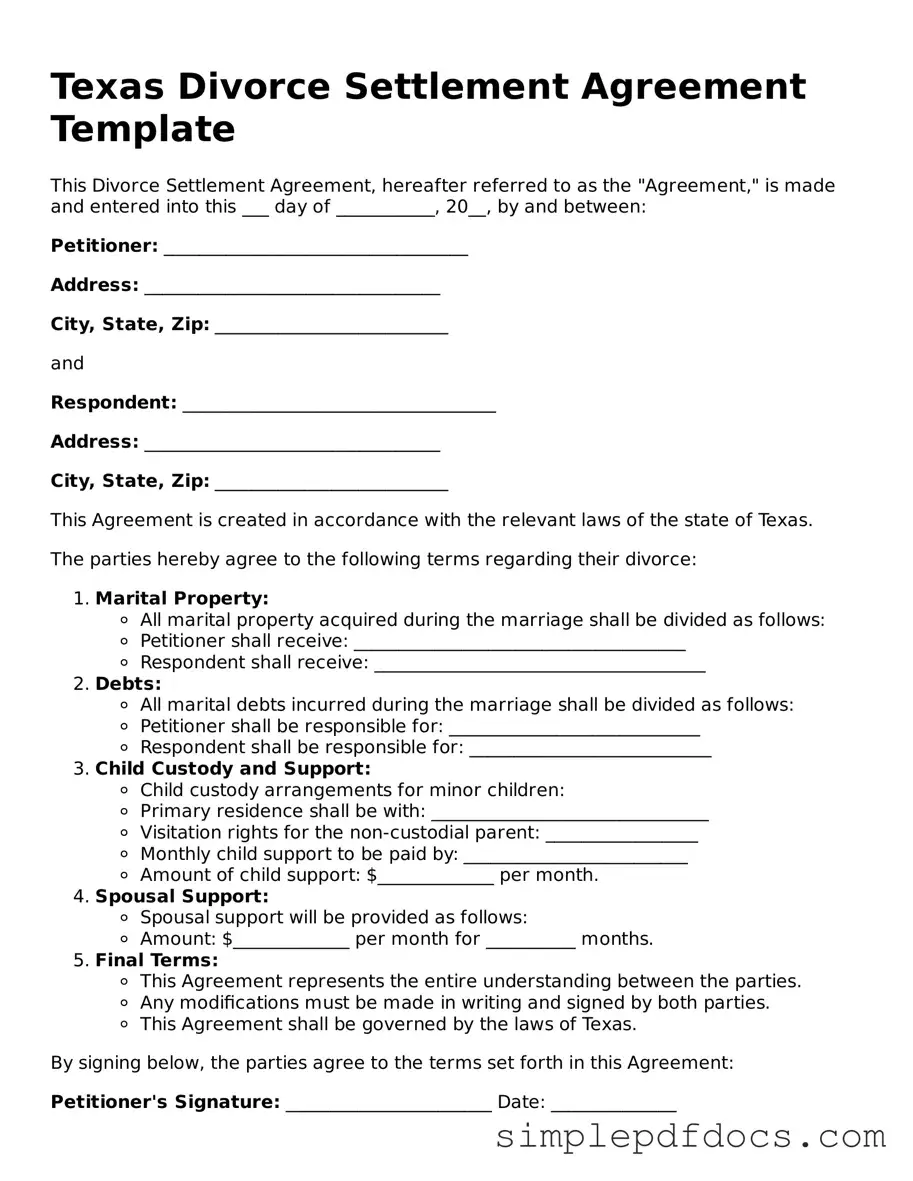 Legal Divorce Settlement Agreement Document for the State of Texas