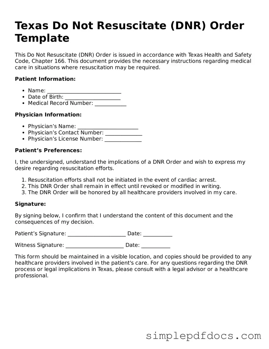 Legal Do Not Resuscitate Order Document for the State of Texas