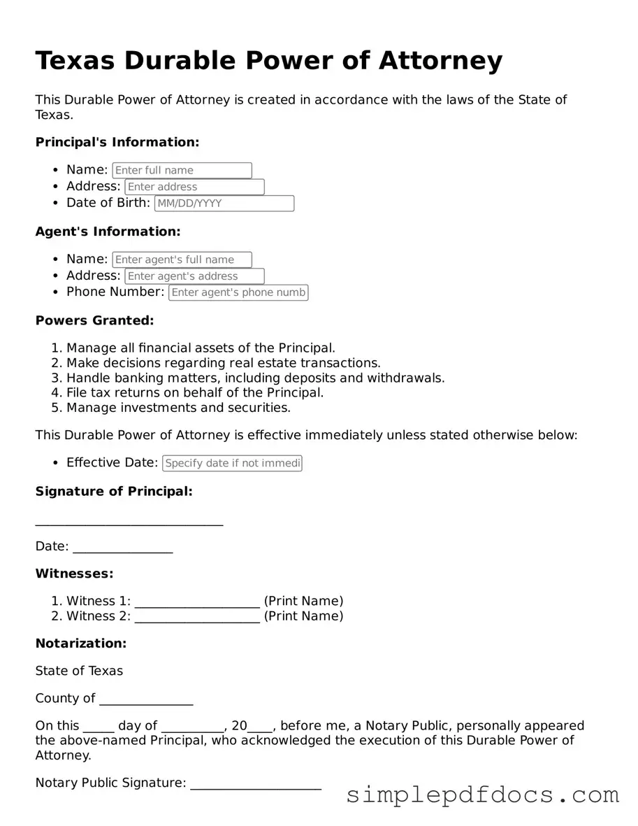 Legal Durable Power of Attorney Document for the State of Texas