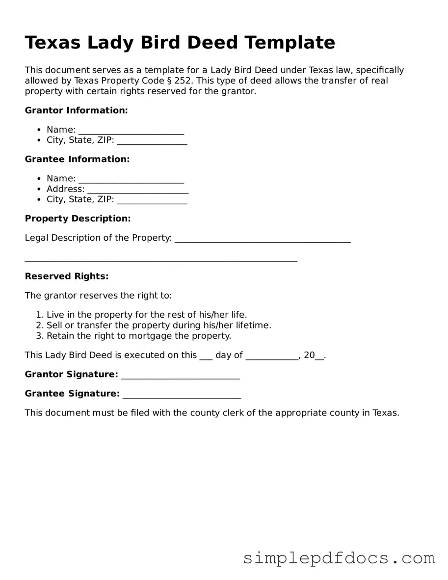 Legal Lady Bird Deed Document for the State of Texas