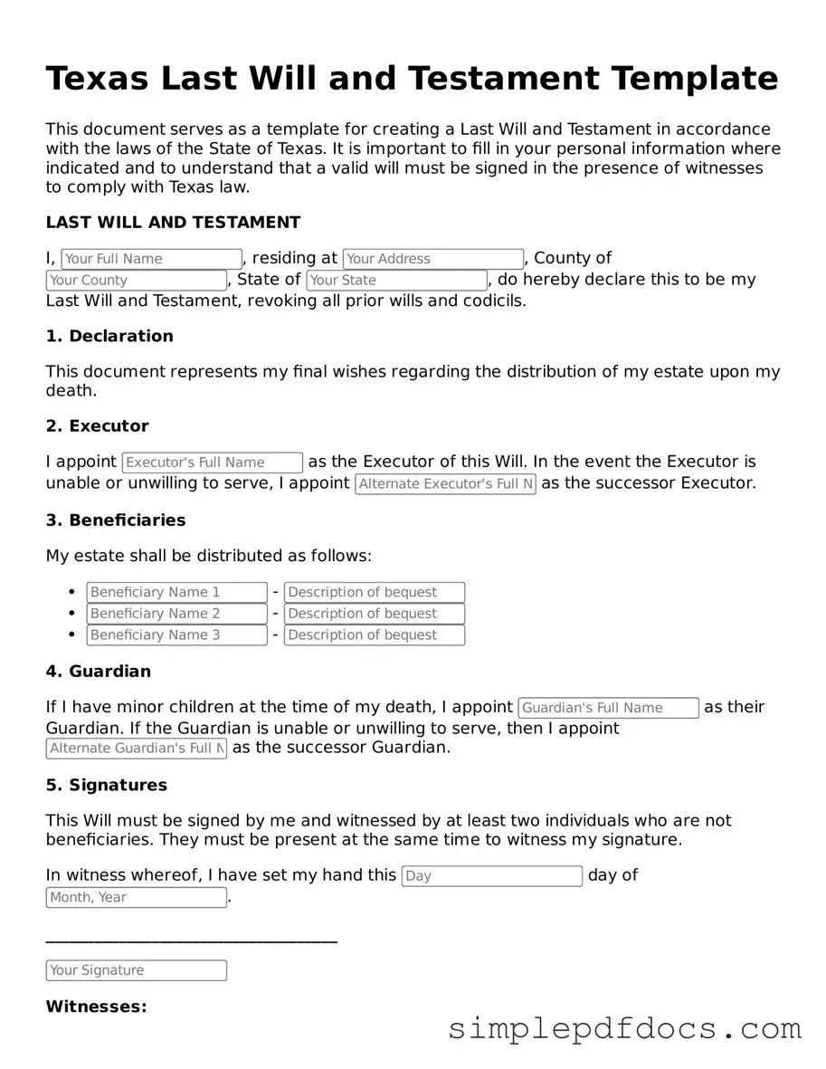 Legal Last Will and Testament Document for the State of Texas