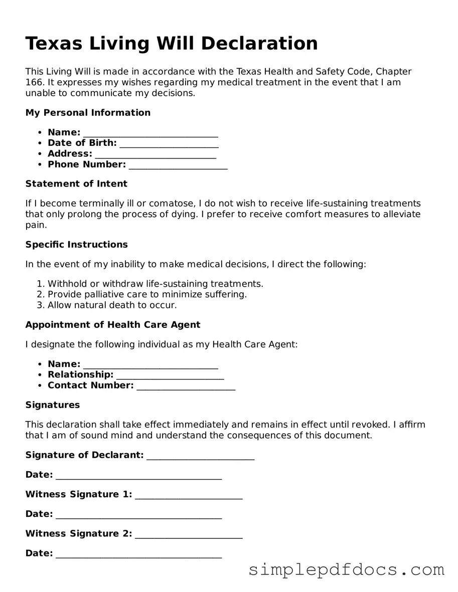 Legal Living Will Document for the State of Texas