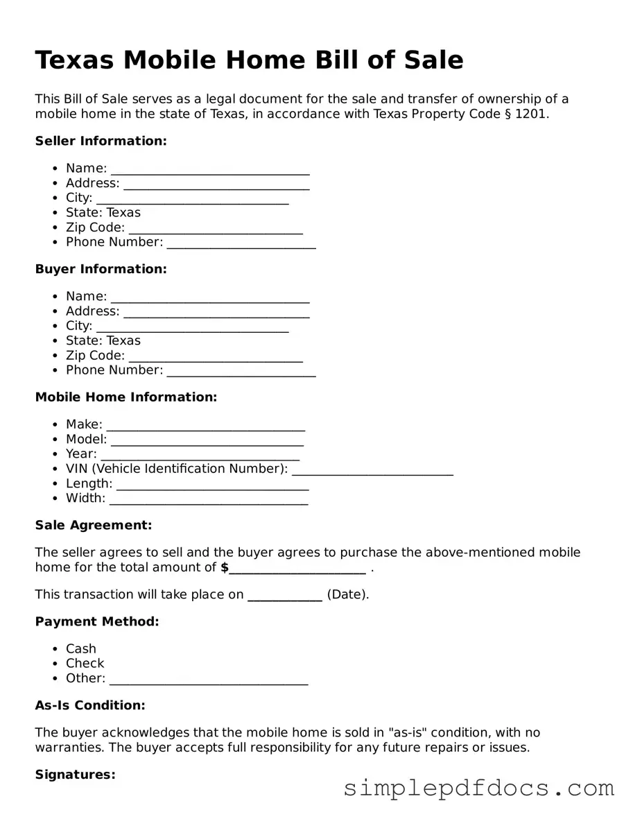 Legal Mobile Home Bill of Sale Document for the State of Texas