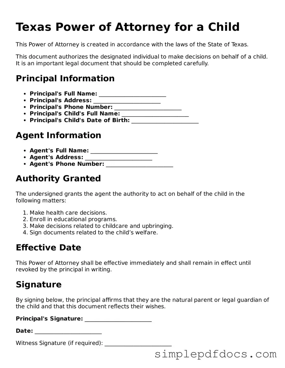 Legal Power of Attorney for a Child Document for the State of Texas