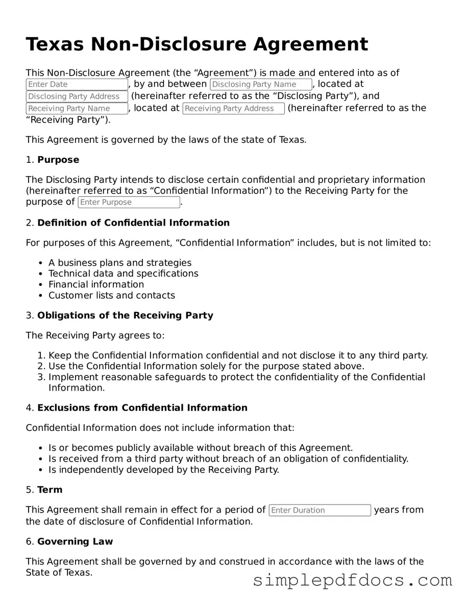 Legal Non-disclosure Agreement Document for the State of Texas
