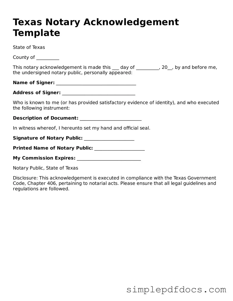 Legal Notary Acknowledgement Document for the State of Texas