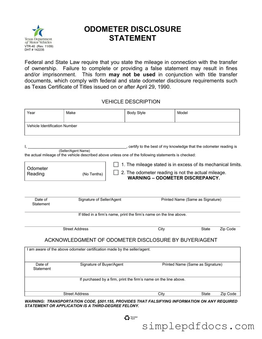 Fill Your Texas Odometer Statement Form