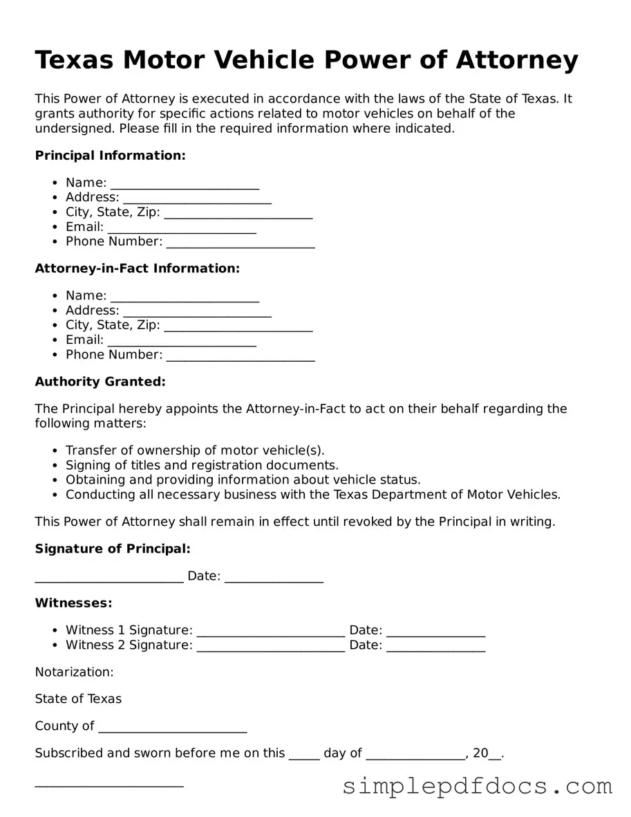 Legal Motor Vehicle Power of Attorney Document for the State of Texas
