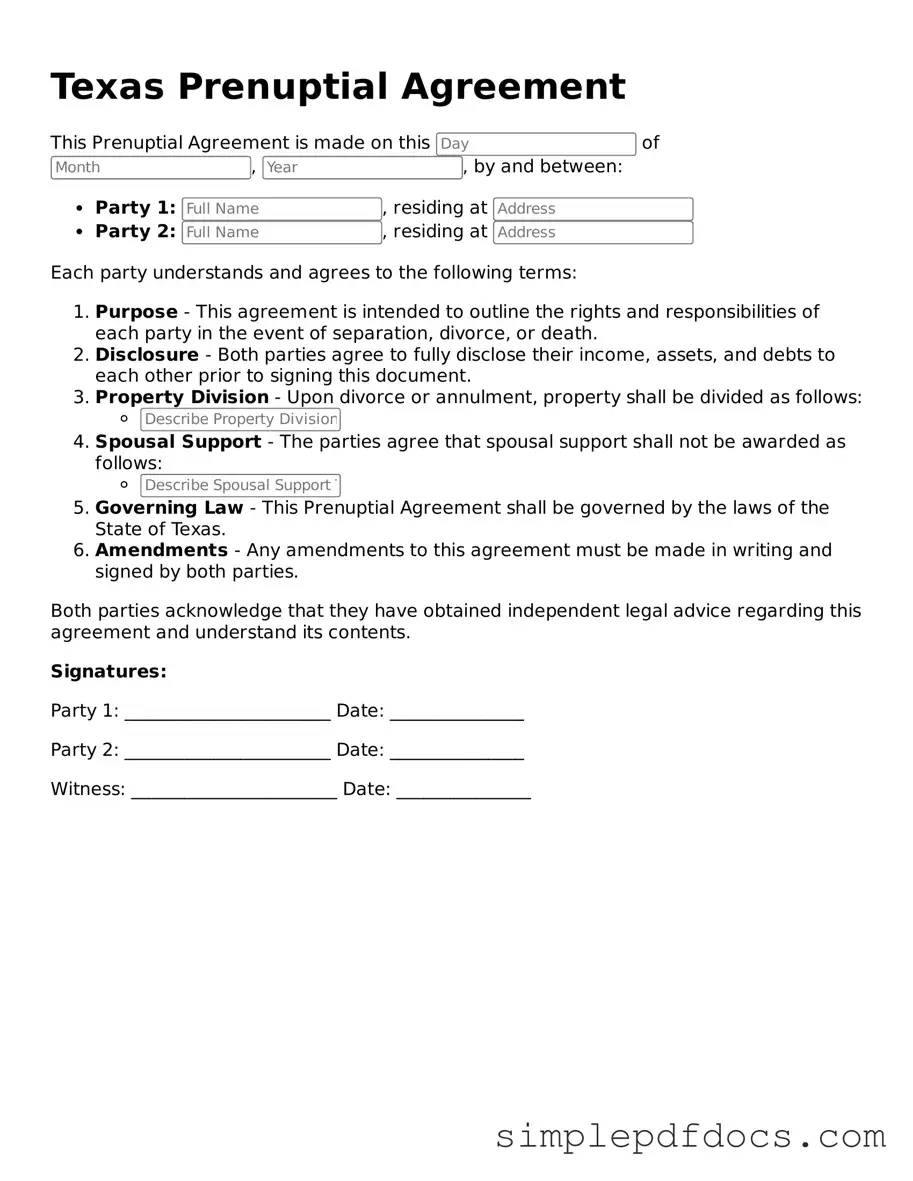 Legal Prenuptial Agreement Document for the State of Texas