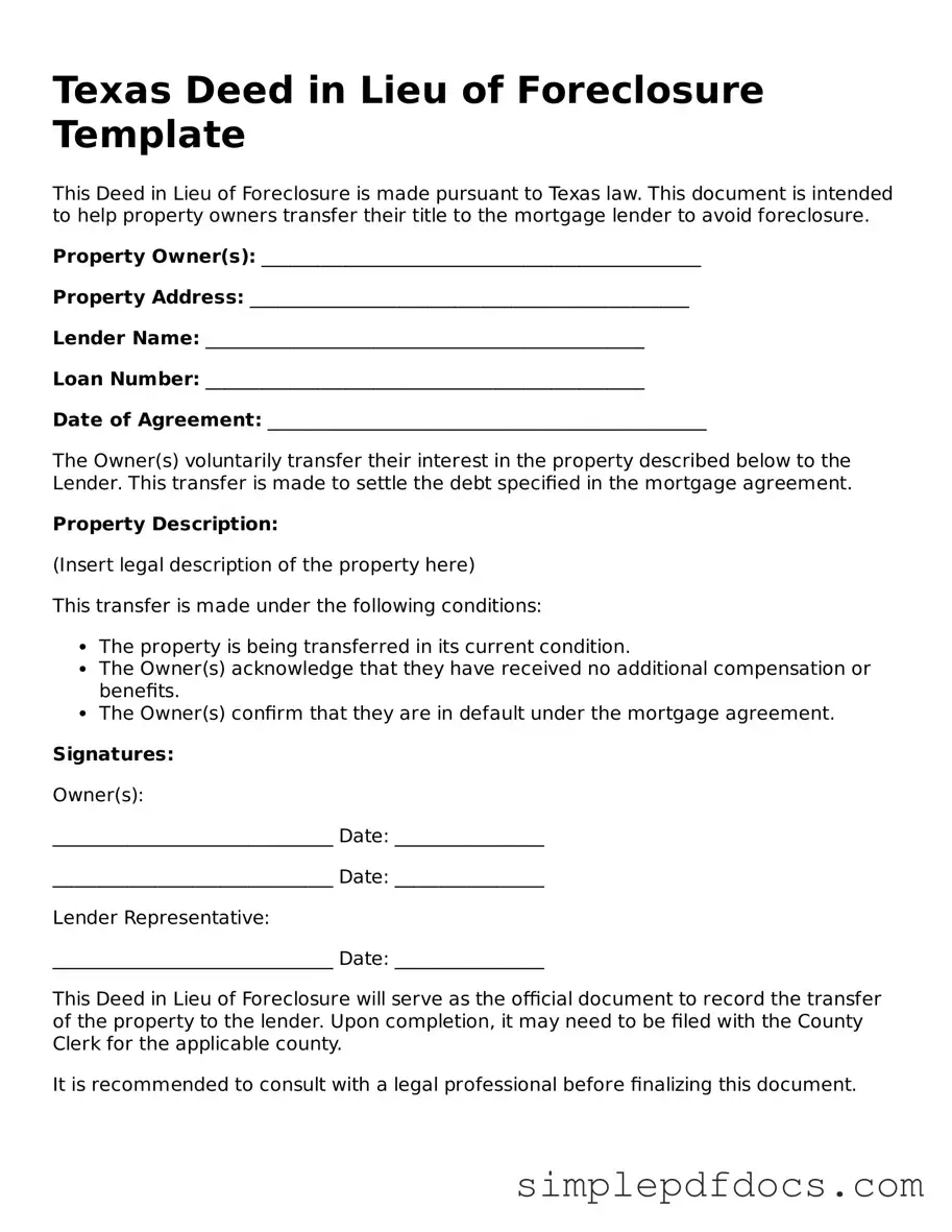 Legal Deed in Lieu of Foreclosure Document for the State of Texas