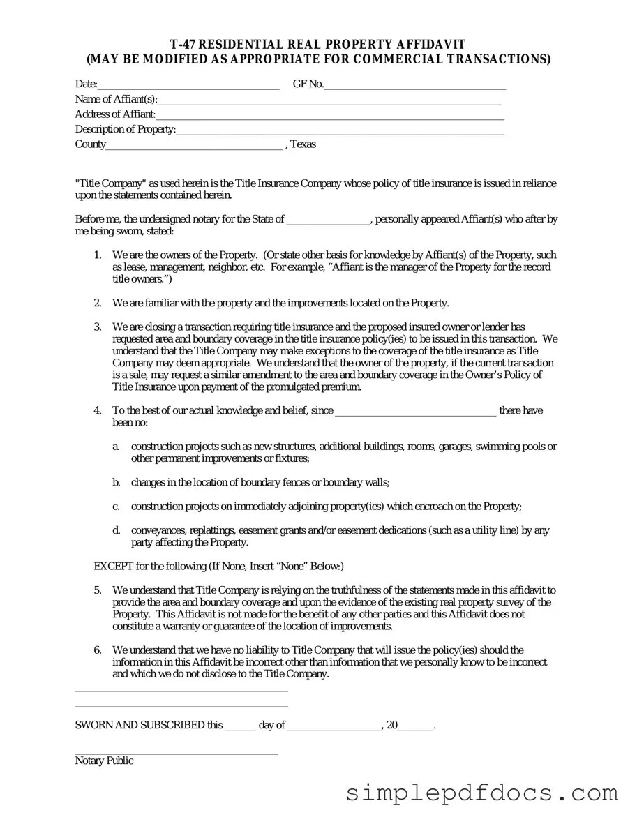 Fill Your Texas residential property affidavit T-47 Form