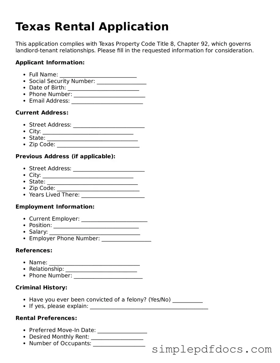 Legal Rental Application Document for the State of Texas