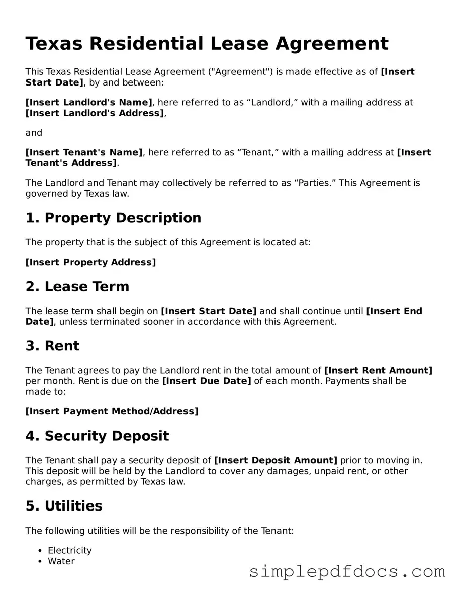 Legal Residential Lease Agreement Document for the State of Texas