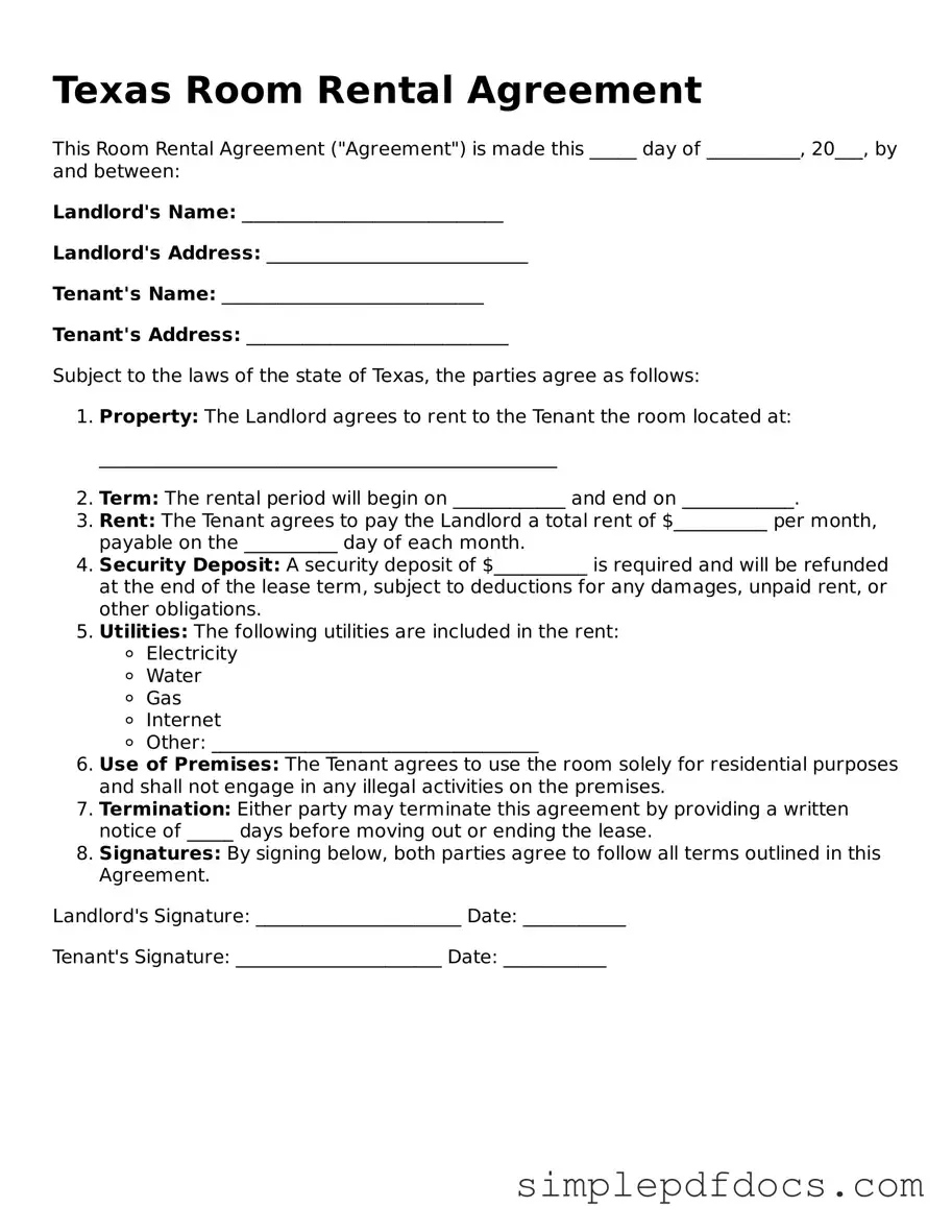 Legal Room Rental Agreement Document for the State of Texas