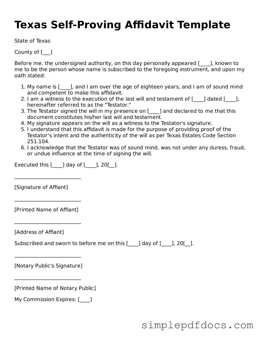 Legal Self-Proving Affidavit Document for the State of Texas
