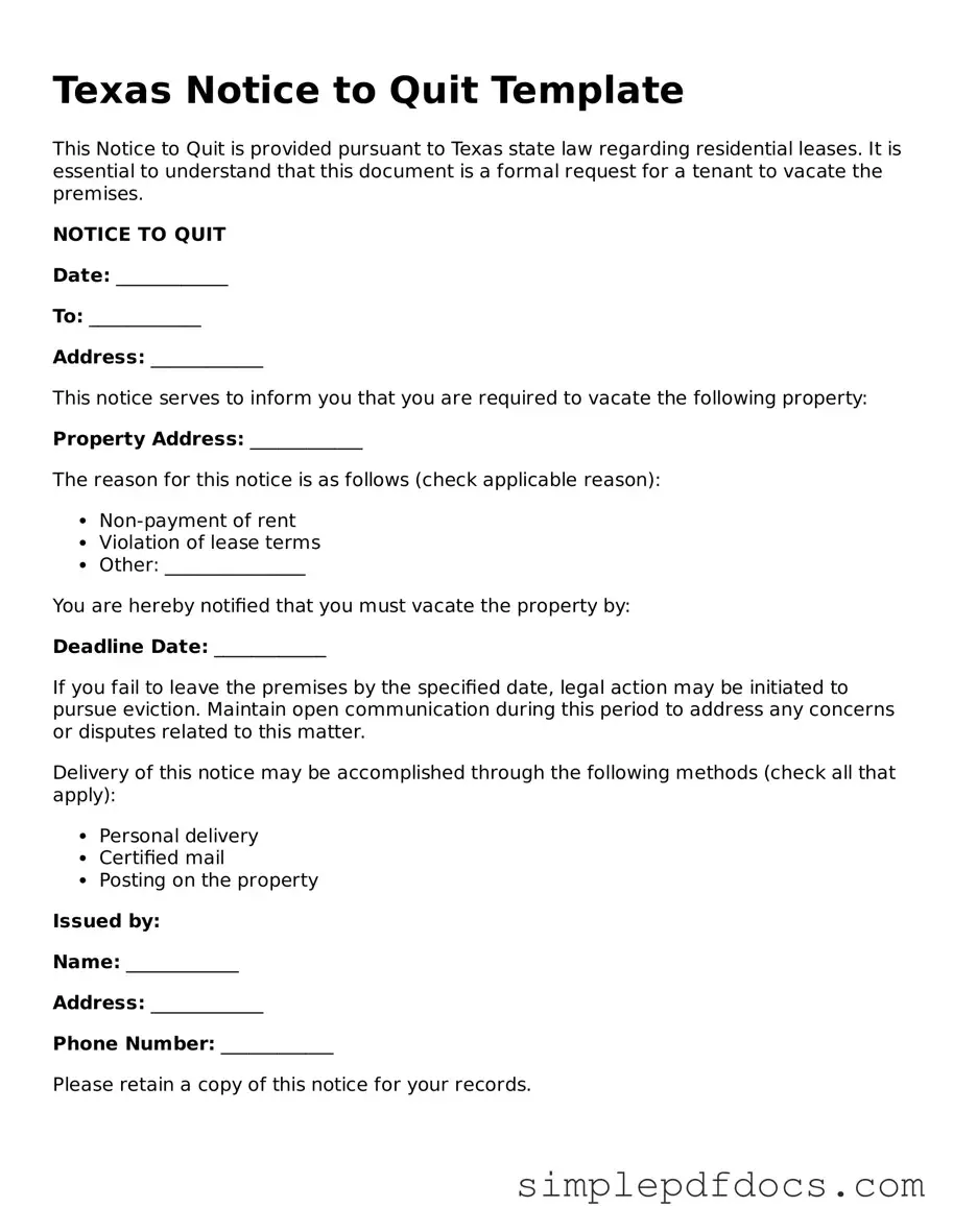 Legal Notice to Quit Document for the State of Texas