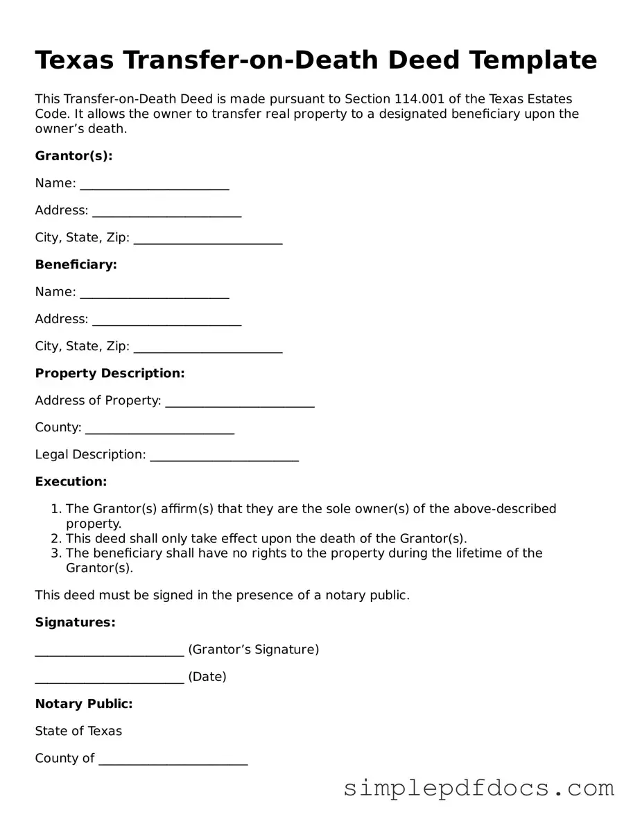Legal Transfer-on-Death Deed Document for the State of Texas