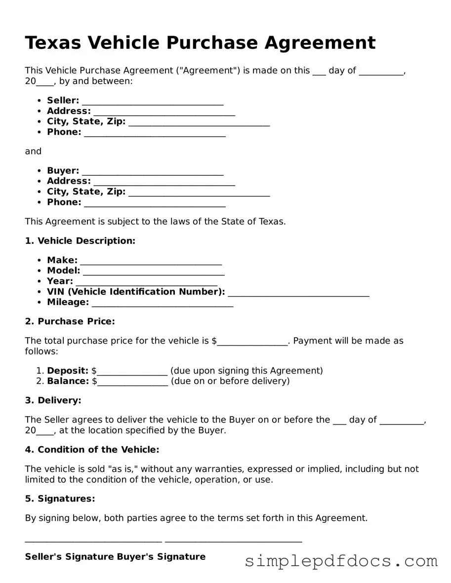 Legal Vehicle Purchase Agreement Document for the State of Texas