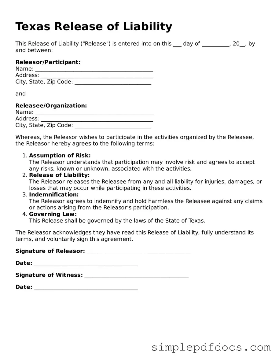 Legal Release of Liability Document for the State of Texas