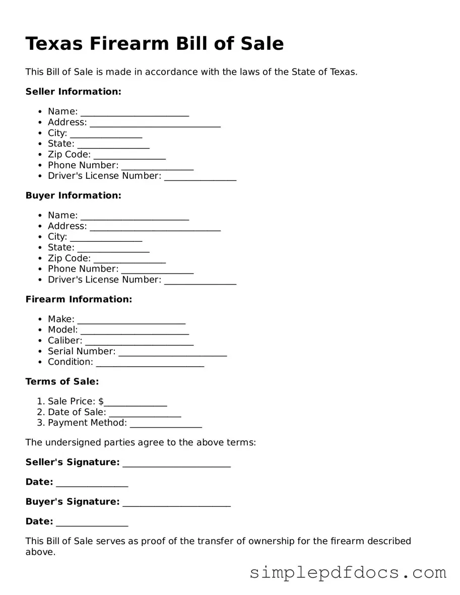 Legal Firearm Bill of Sale Document for the State of Texas