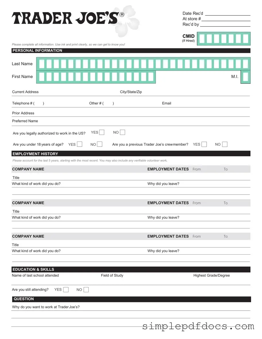 Fill Your Trader Joe's application Form