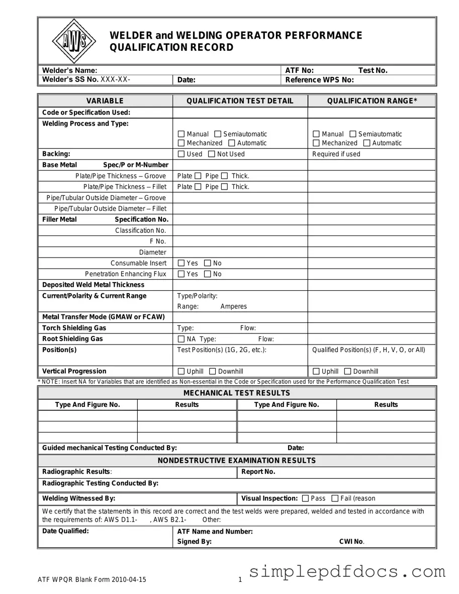 Fill Your Welder Performance Qualification Record Form